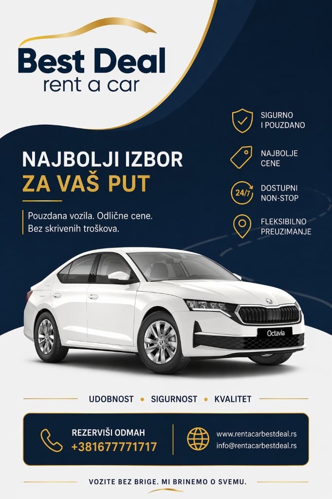 Best Deal rent a car — flajer: Skoda Octavia, pouzdana vozila, cene, kontakt +381 67 777 1717
